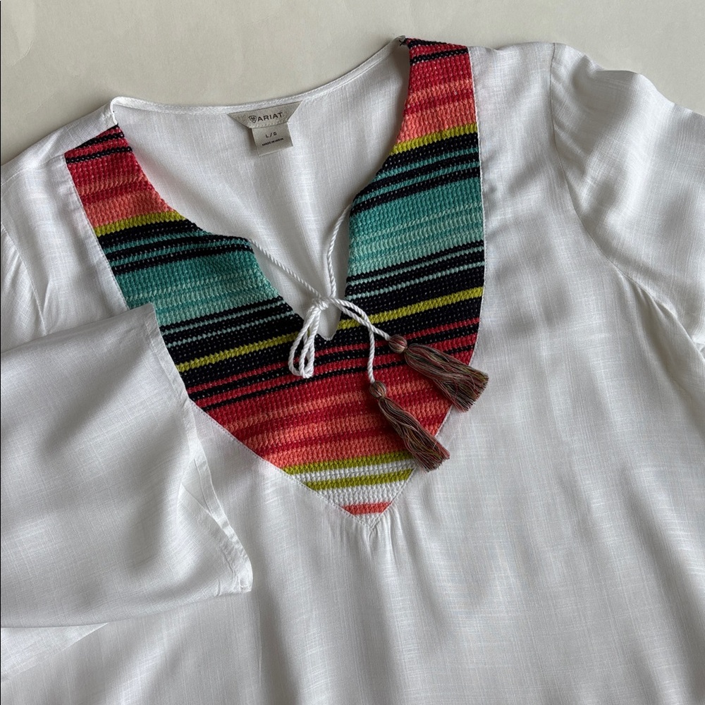 Ariat White Peasant Top with Multicolor Striped Yoke